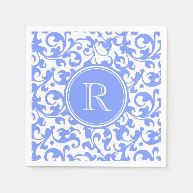 Lilac Blue Elegant Damask Swirls Monogrammed Pappersservett (Framsidan)