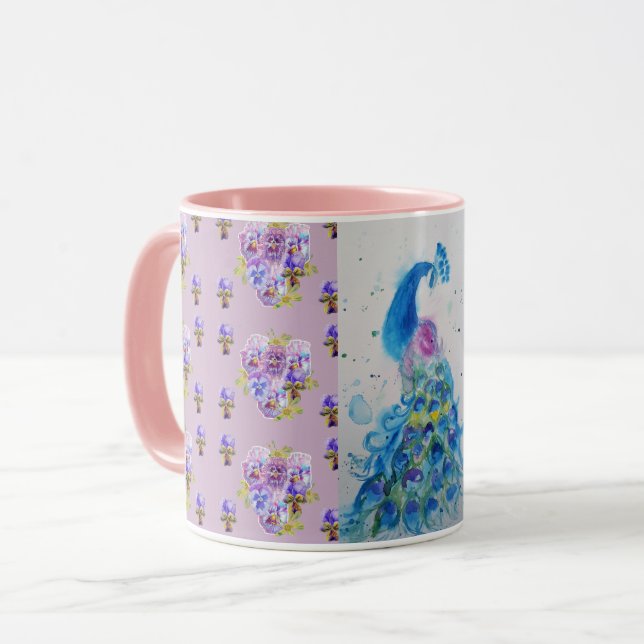 Lilac Blue Peacock mauve Watercolor Painting Mugg (Framsida vänster)
