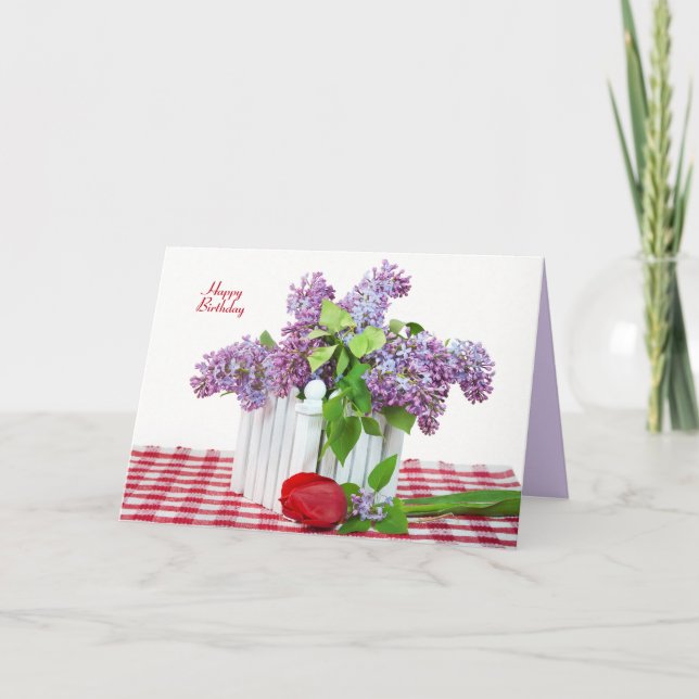lilac bouquet med rött tulpaner på födelsedagen kort (Framsida)