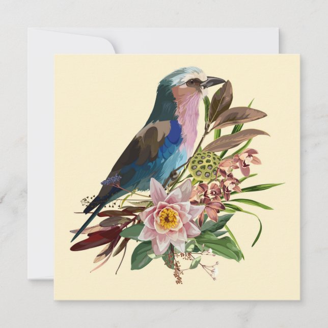 Lilac brinner Roller-fågel. Tropiska arrangemang. Inbjudningar (Framsida)