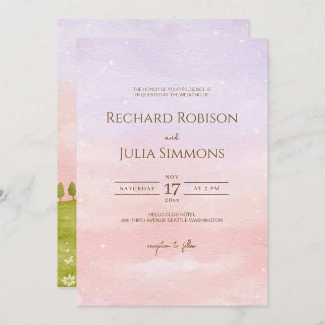 LILAC-bröllopsinbjudan/Rosa för Lila av vattenfärg Spara Datumet (Fram/baksida)