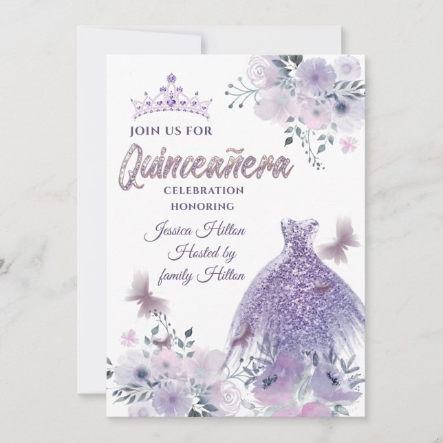 Lilac Butterfly blommigt trädgård tiara Quinceañer Inbjudningar (Framsida)