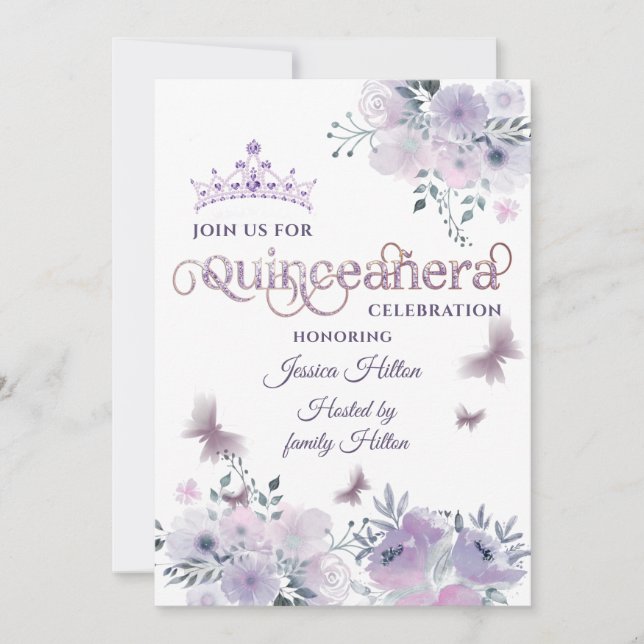 Lilac Butterfly blommigt trädgård tiara Quinceañer Inbjudningar (Framsida)