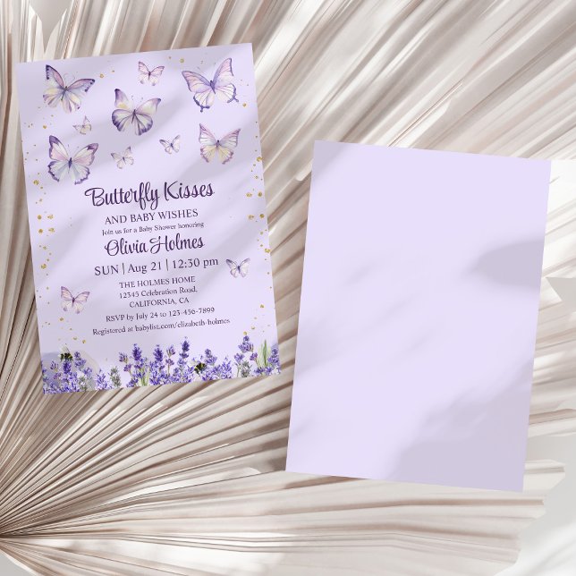Lilac Butterfly Flicka Shower-inbjudan Inbjudningar (Lilac Butterfly Baby Girl Shower Invitation on a dry white palm leaf.)