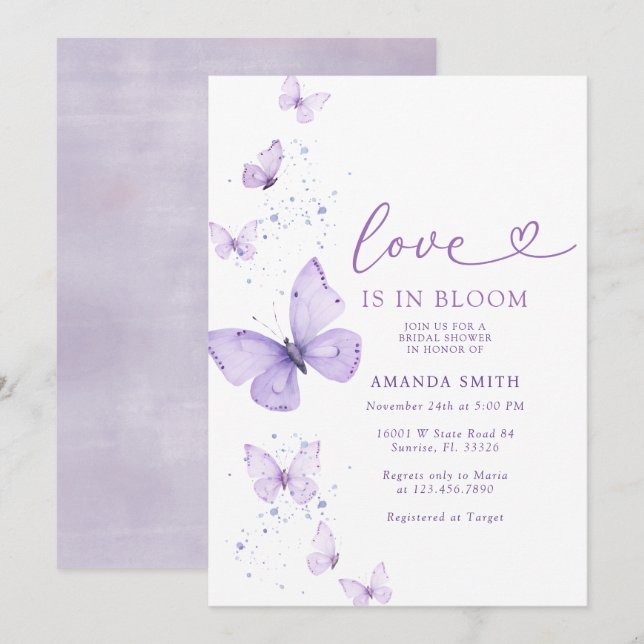 Lilac Butterfly Kärlek in Bloom Möhippa Inbjudningar (Fram/baksida)