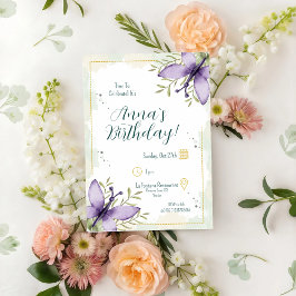 Lilac Butterfly Watercolor Birthday Inbjudningar