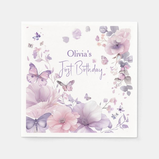 Lilac Butterfly Watercolor Disposable Luncheon Pappersservett (Framsidan)