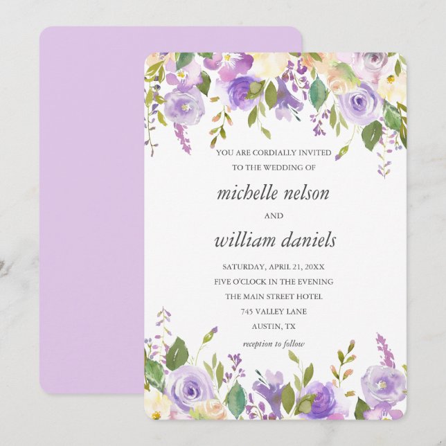Lilac | Chic Lavender Watercolor Blommigt Bröllop Inbjudningar (Fram/baksida)