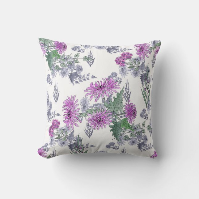 Lilac chrysanthemums , vattenfärg kudde (Framsida)
