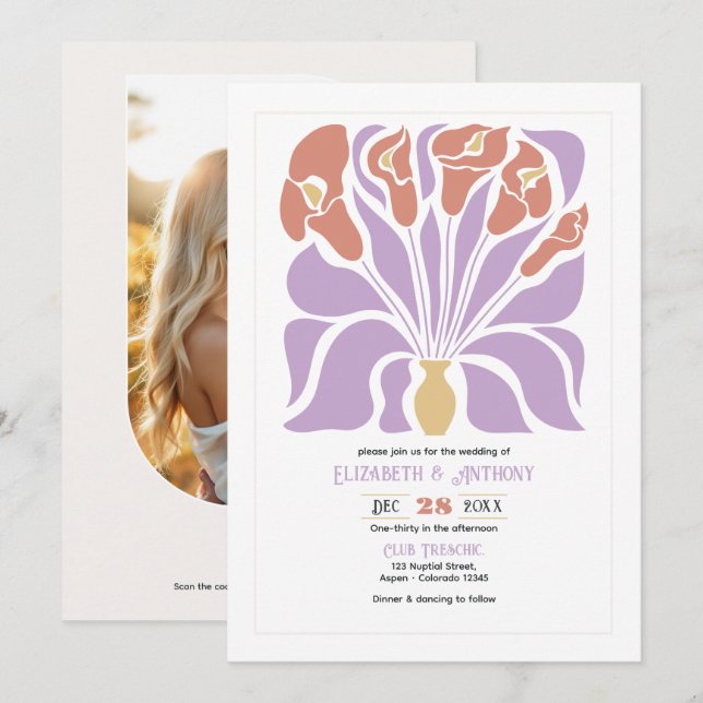 Lilac & Clay Rose Abstrakt Blommig Boho Bröllop Inbjudningar (Fram/baksida)