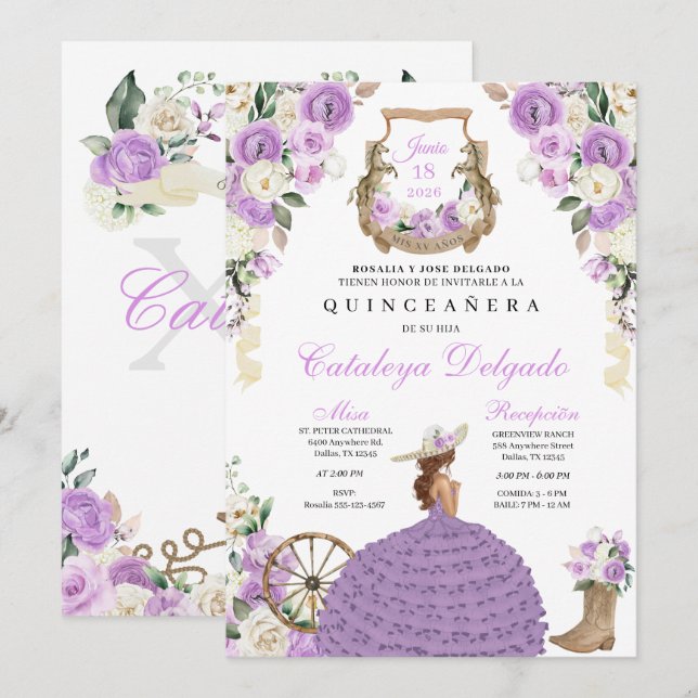 Lilac Cowgirl Western Princess Quinceañera Inbjudningar (Fram/baksida)