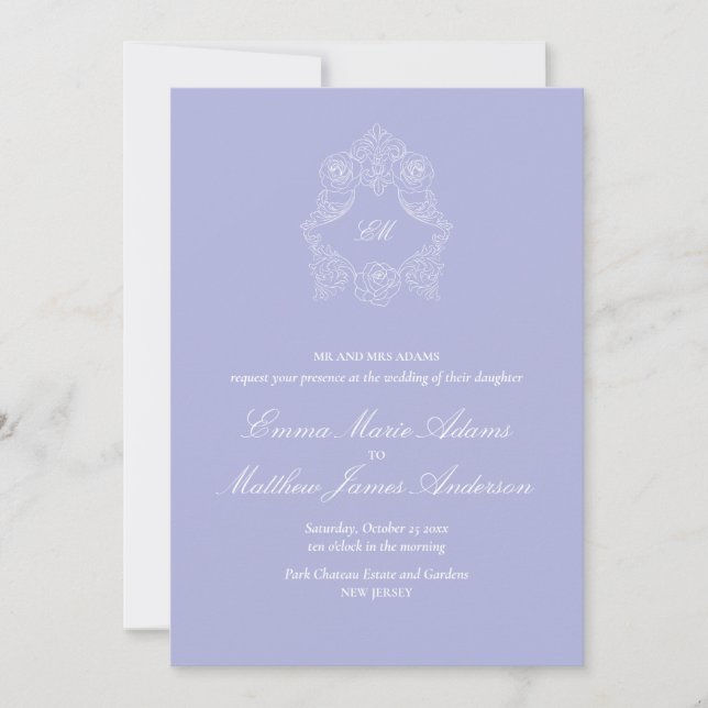 Lilac Crest Monogram Klassisk Periwinkle Bröllop Inbjudningar (Framsida)
