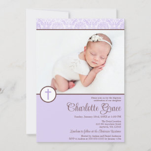 Lilac Damask Kor Girl Photo Baptism Christening Inbjudningar
