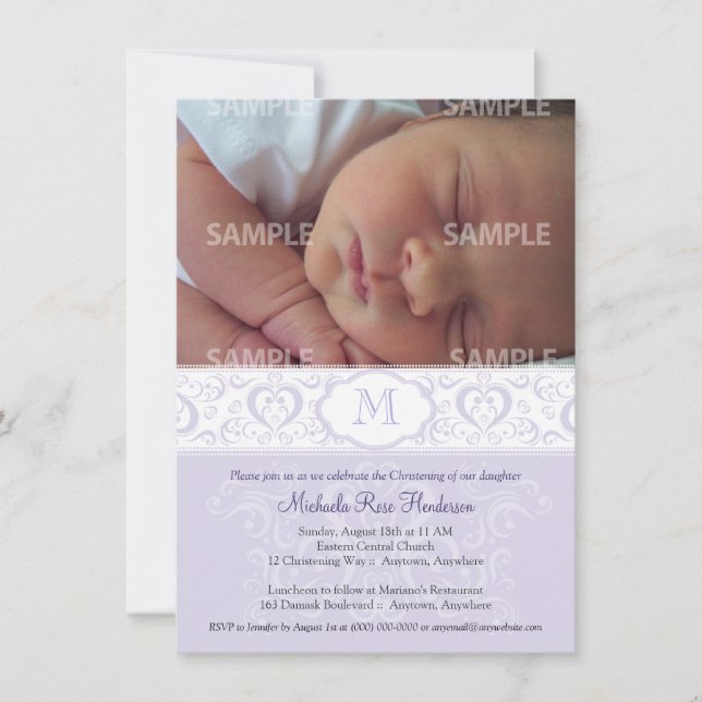 Lilac Damask Monogram Baptism/Christening Inbjudningar (Framsida)
