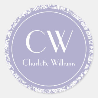 Lilac Damask Monogram Runt Klistermärke