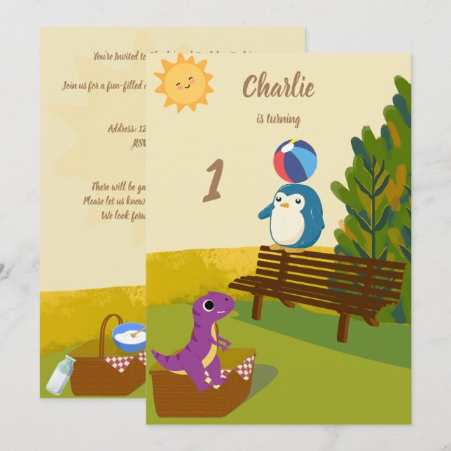 Lilac Dino i parkens födelsedag Inbjudningar (Fram/baksida)