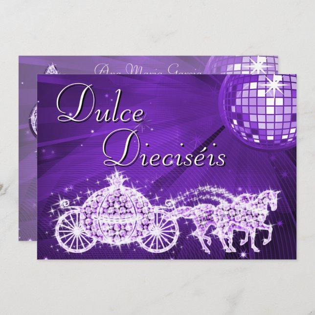 Lilac Disco Ball, Princess Coach & Horses Sweet 16 Inbjudningar (Fram/baksida)