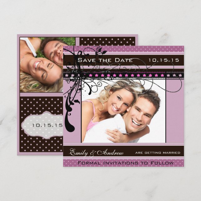 Lilac Dots och Swirls Bröllop Photo Save Date Inbjudningar (Fram/baksida)