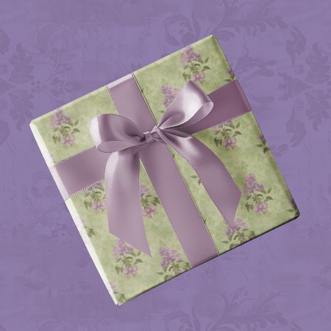 Lilac Dreams Vintage Stil Grönt Antique Damask Presentpapper (Vintage faded lilacs)