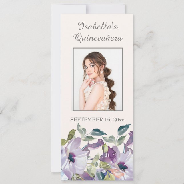 Lilac Dusty Blue Blommigt Quinceañera Bookmark Inbjudningar (Framsida)