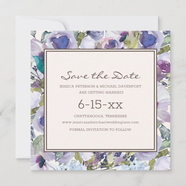 Lilac Dusty Blue Boho Blommigt Bröllop Spara Datum (Framsida)