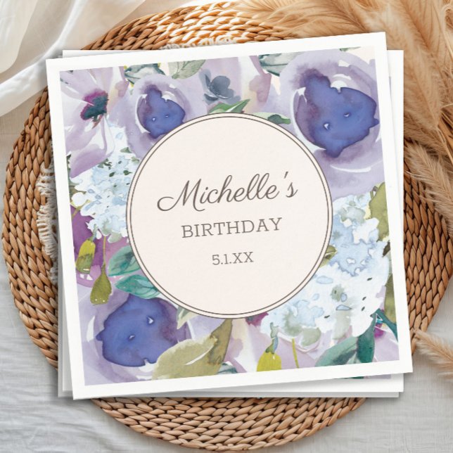 Lilac Dusty Blue Watercolor Blommigt Birthday Pappersservett (Purple watercolor floral women's birthday party paper napkins)