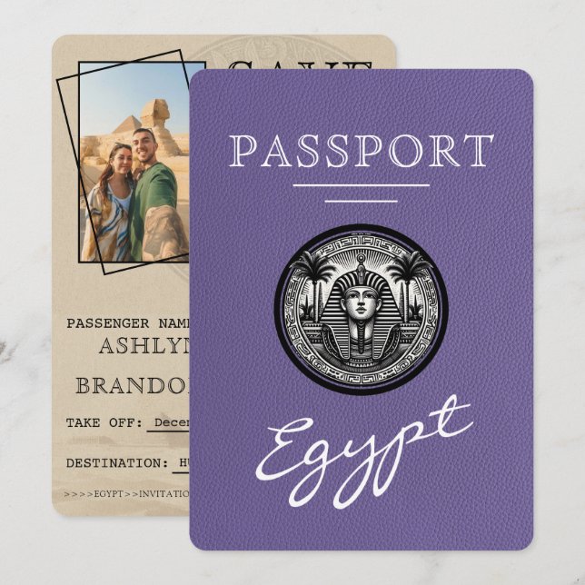 Lilac Egypt Passport Wedding Save the Date Spara Datumet (Fram/baksida)
