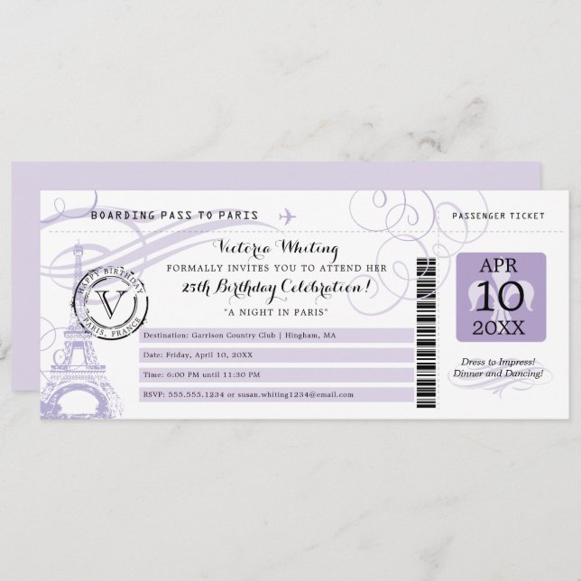 Lilac Eiffel Torn Night i Paris Födelsedagsfest Inbjudningar (Fram/baksida)