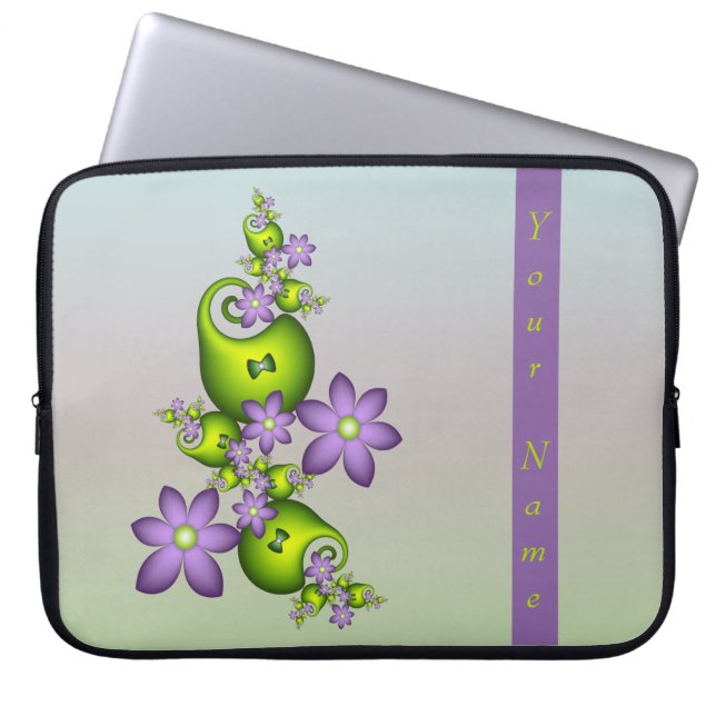 Lilac Fantasy Flowers Grönt Shapes Fractal Namn Laptop Fodral (Framsidan)