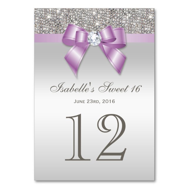 Lilac Faux Bow Silver Sequins Sweet 16 Bordsnummer (Framsidan)