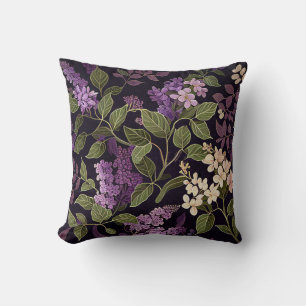 Lilac Flower Lila Black Blommigt Botanical Mönster Kudde
