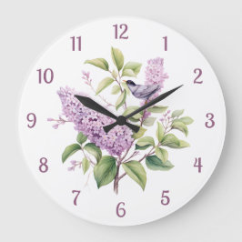 Lilac Flowers & Bird Botanical Illustration Wall Stor Klocka
