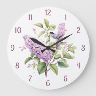 Lilac Flowers & Bird Botanical Illustration Wall Stor Klocka