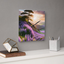 Lilac Flowers Bloom på Backe vid Sunset Glow Fyrkantig Klocka