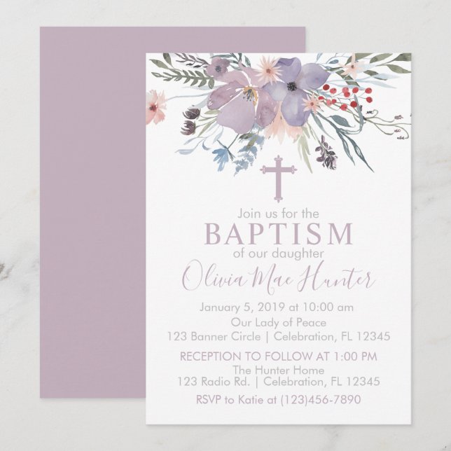 Lilac Flowers Girl Baptism-inbjudan Inbjudningar (Fram/baksida)