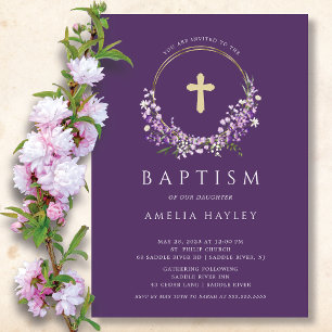 Lilac Flowers Girls First Baptism Inbjudningar