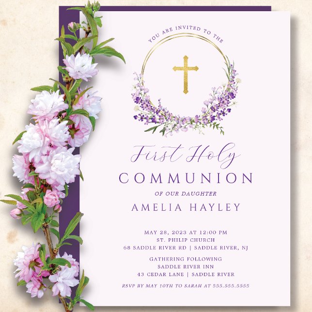 Lilac Flowers Girls First Communion-inbjudan Inbjudningar (Skapare uppladdad)