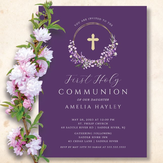 Lilac Flowers Girls First Communion Inbjudningar (Skapare uppladdad)
