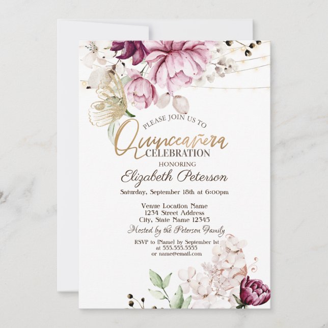 Lilac Flowers Glitter Butterflies Quinceañera Inbjudningar (Framsida)