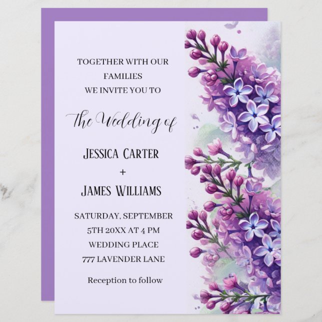 Lilac Flowers Watercolor Rustic Bröllop (Fram/baksida)