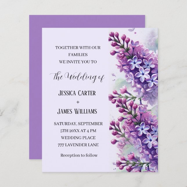 Lilac Flowers Watercolor Rustic Bröllop (Fram/baksida)