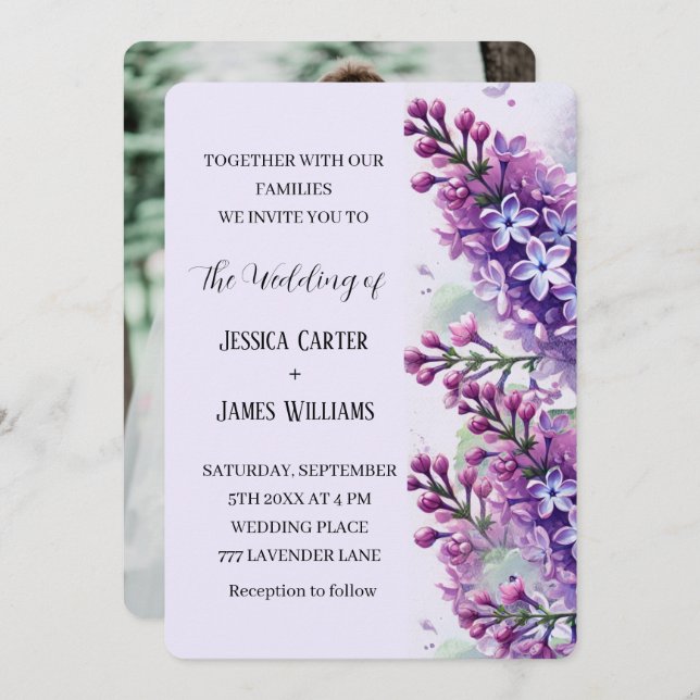 Lilac Flowers Watercolor Rustic Photo Bröllop Inbjudningar (Fram/baksida)