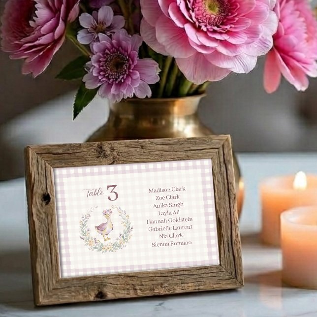 Lilac Gingham Baby Goose Table Seating Card LPM26 Bordsnummer (Cottagecore Lilac Gingham Table Seating Card Featuring a Watercolor Effect Baby Goose with Flower.)
