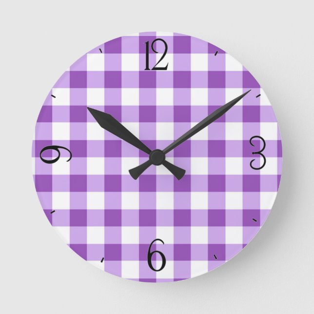 Lilac Gingham Clock Rund Klocka (Framsida)