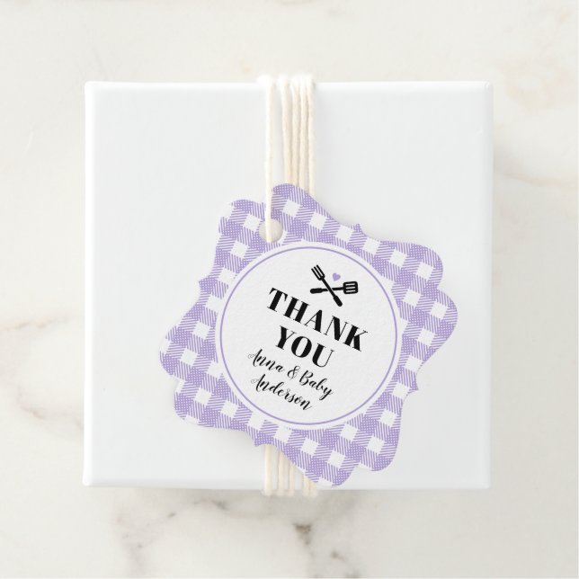 Lilac Gingham Play Baby Q Shower Tack Gåvor Etiketter (På plats)