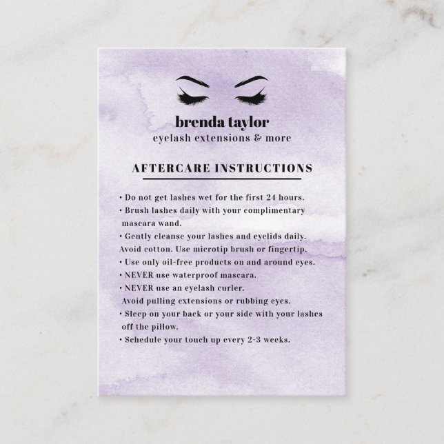 Lilac Glam Eyelash Browbar Aftercare Instruktioner Visitkort (Framsida)