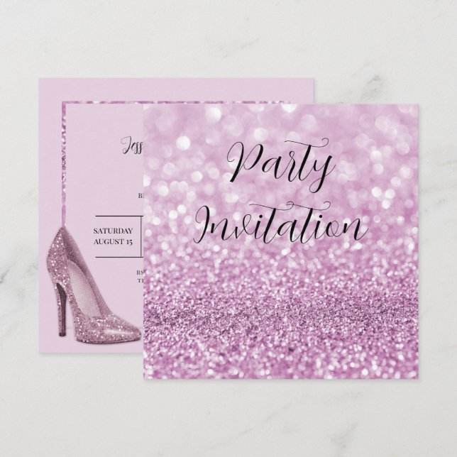 Lilac Glitter Bokeh & Stilettos Birthday Inbjudningar (Fram/baksida)
