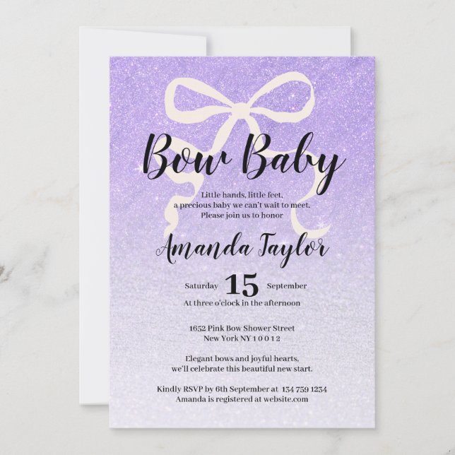 Lilac glittergradient coquette-båge Baby Shower Inbjudningar (Framsida)