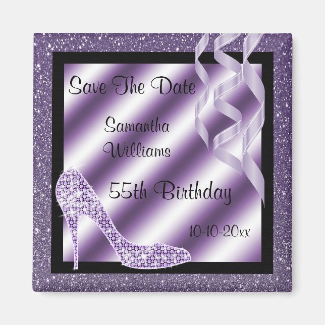 Lilac Glittery Stiletto & Streamers 55:e födelseda Magnet (Framsidan)