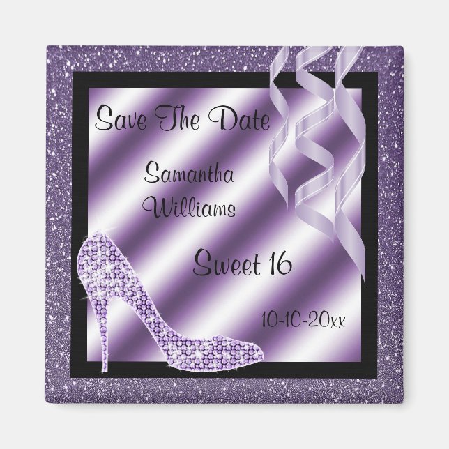Lilac Glittery Stiletto & Streamers Sweet 16 Magnet (Framsidan)